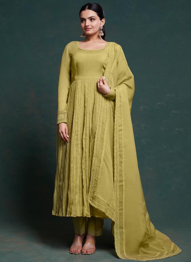 Organza Olive Green Party Wear Solid Readymade Gown With Dupatta